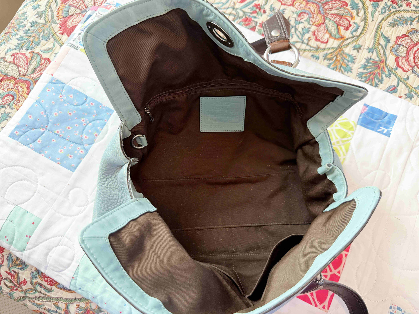 Designer Coach Handbag Blue Brown Leather