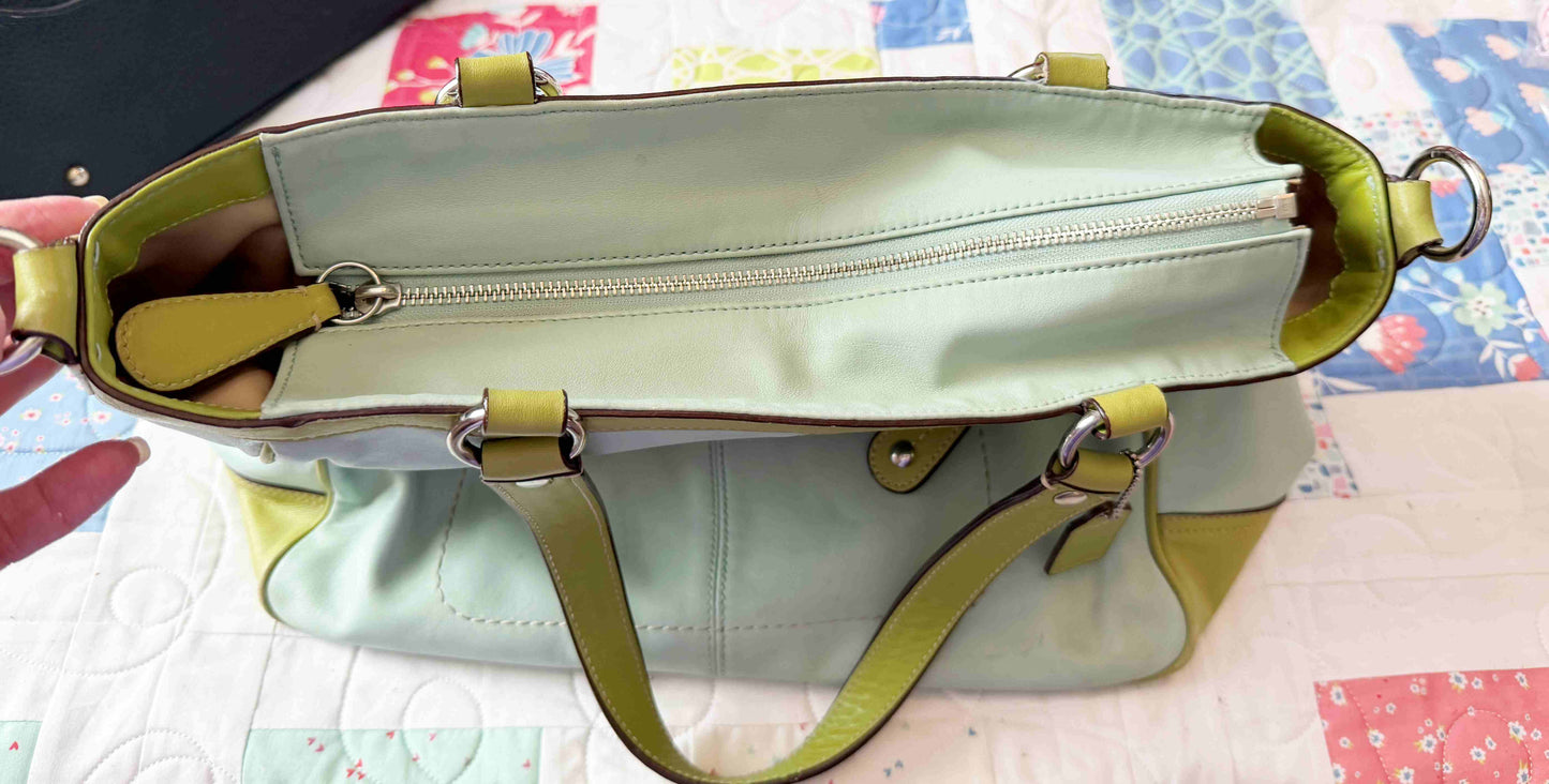 Designer Coach Tote Lime & Blue Leather