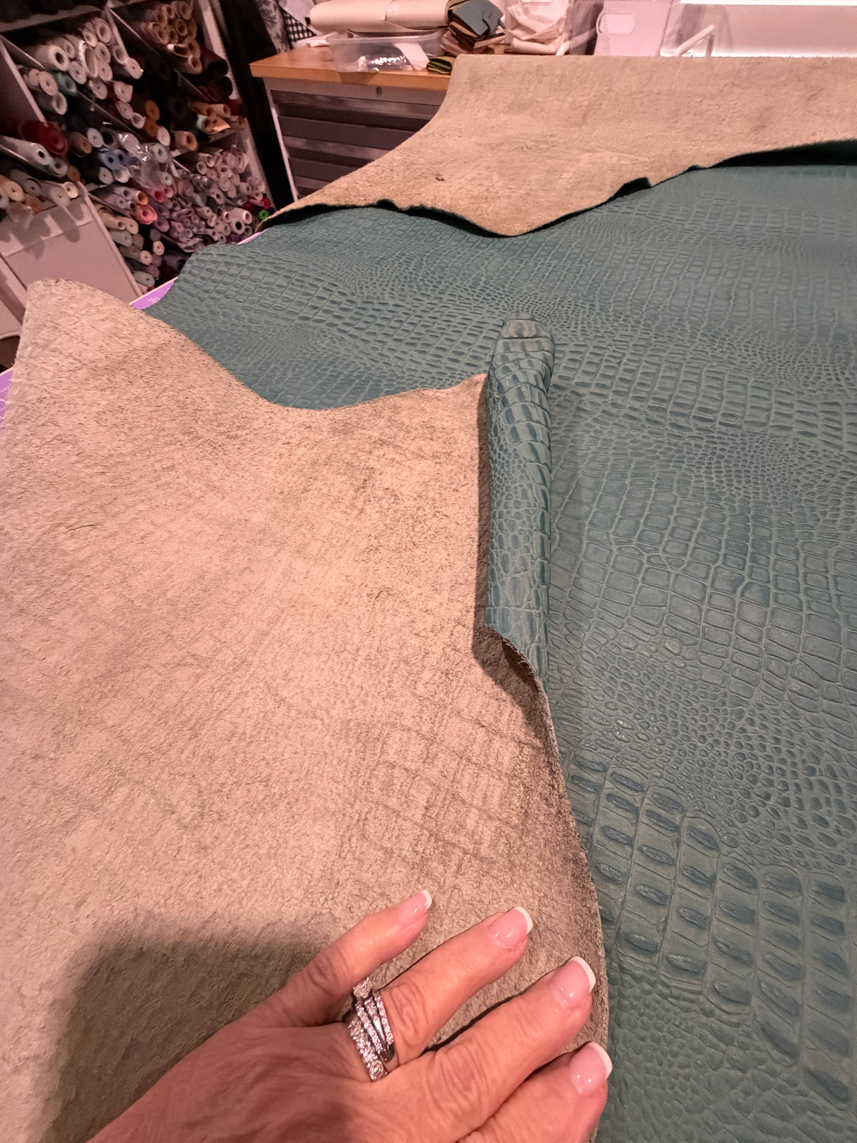 Leather Hide Half Hide Teal Crocodile