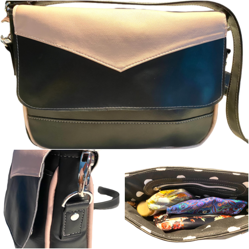 Black Pink Faux Leather Medium Bag with Polkadot Interior Shambala Agustina