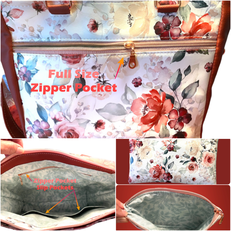 Crossbody Medium Tote bag Organizer Bag Wallet included Red Floral Vinyl