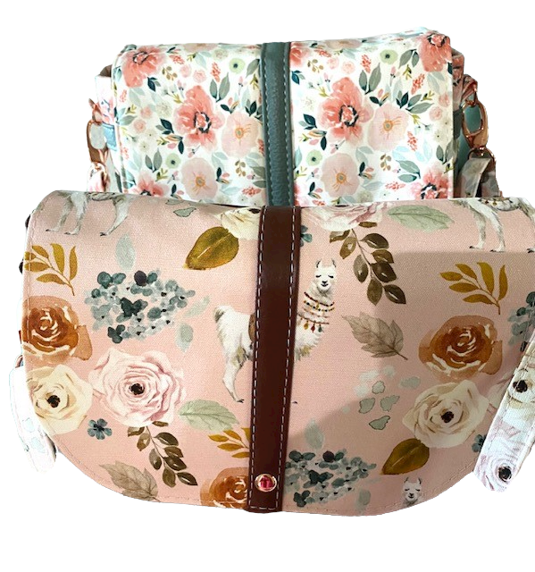 Mountain Saddle Bag Llama Pink with Brown Vinyl or Pink Flowers Purse Crossbody Bag