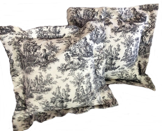 Black White Toile PIllows Set of two 14 inch by 14 inch with 2" flange