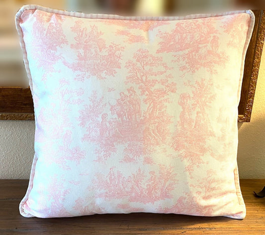 Cottage Chic Throw Pillow Cover Cording Pink White Toile Ticking Stripe fabric Zippered