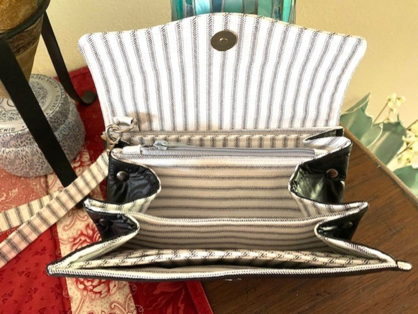 Necessary Clutch Wallet NCW Organizer Credit Cards Zippered Classic Black White Ticking Stripe