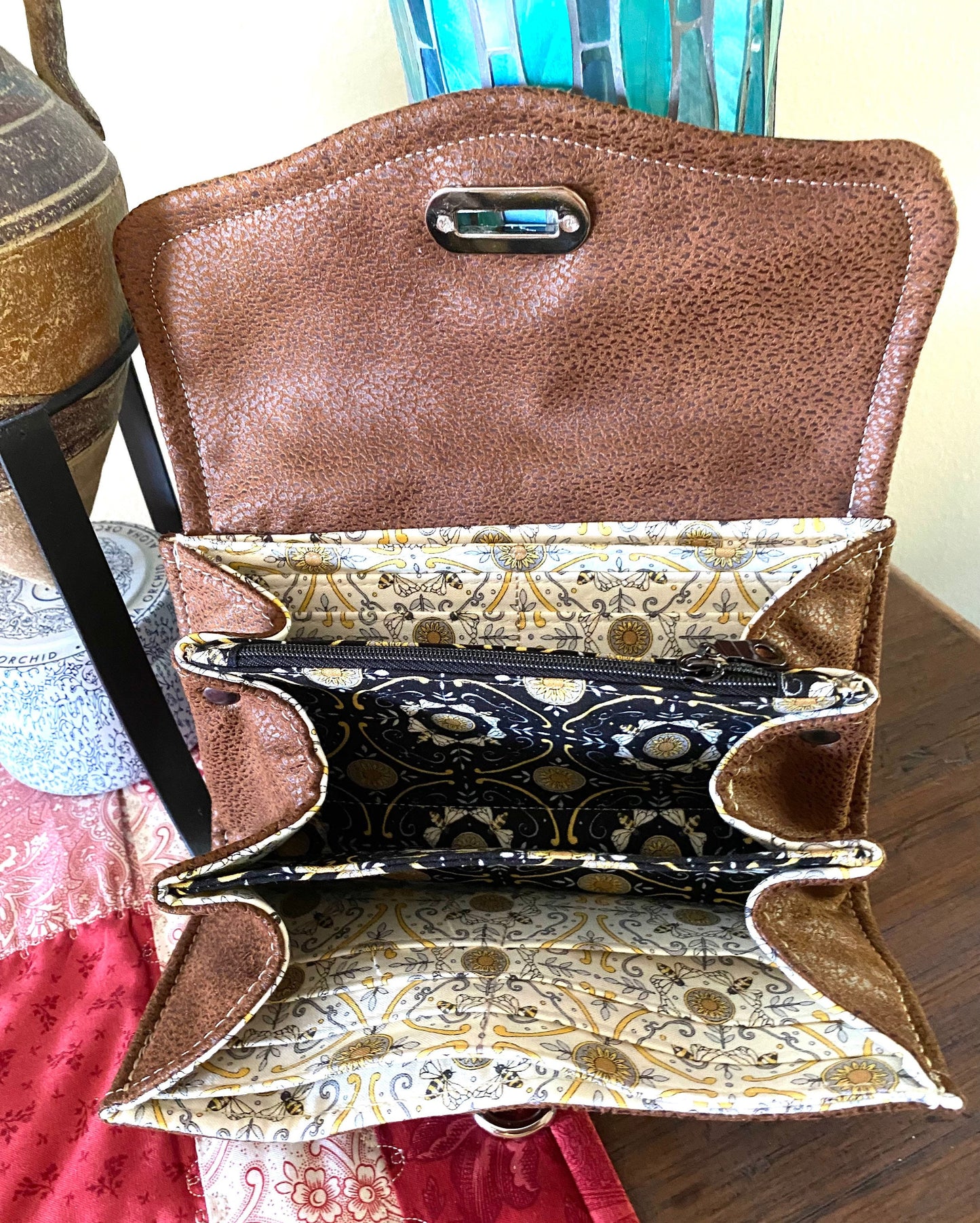 Ready to Ship Necessary Clutch Wallet NCW Organizer Credit Cards Zippered Black Tan Leather Bee Joyful interior fabric