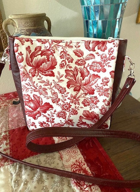 Crossbody Handbag Purse Cranberry Toile / Vinyl Mini Wallet Key fob Ready to Ship