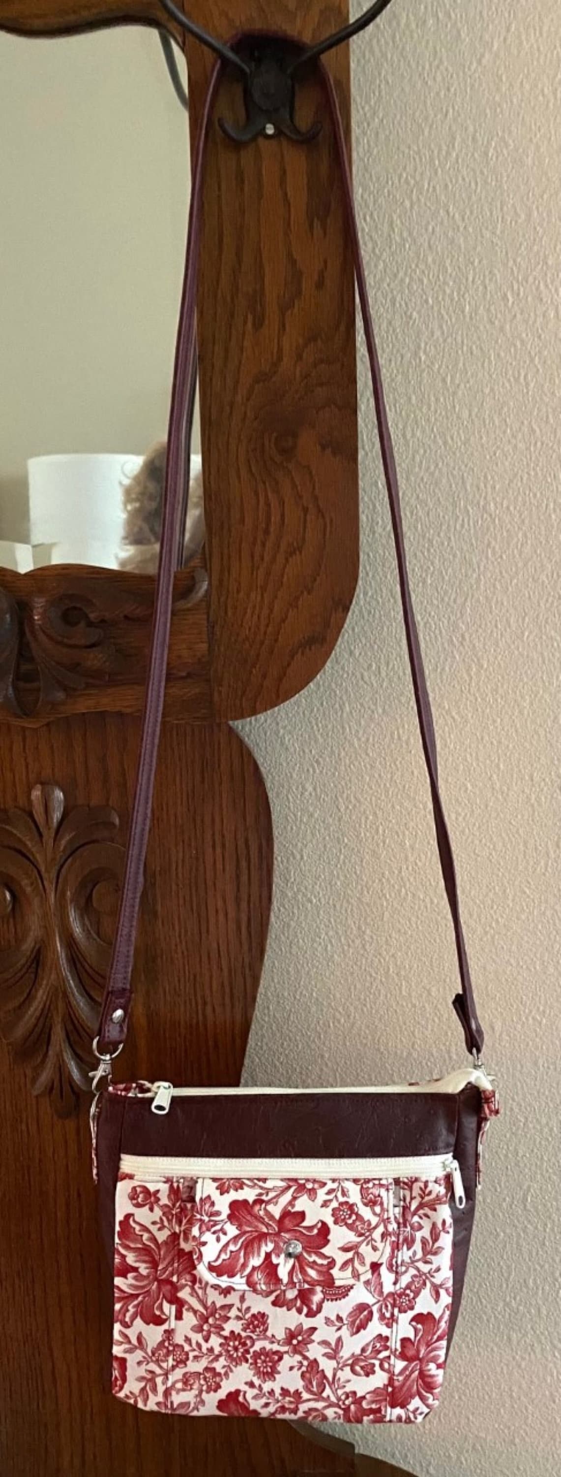 Crossbody Handbag Purse Cranberry Toile / Vinyl Mini Wallet Key fob Ready to Ship
