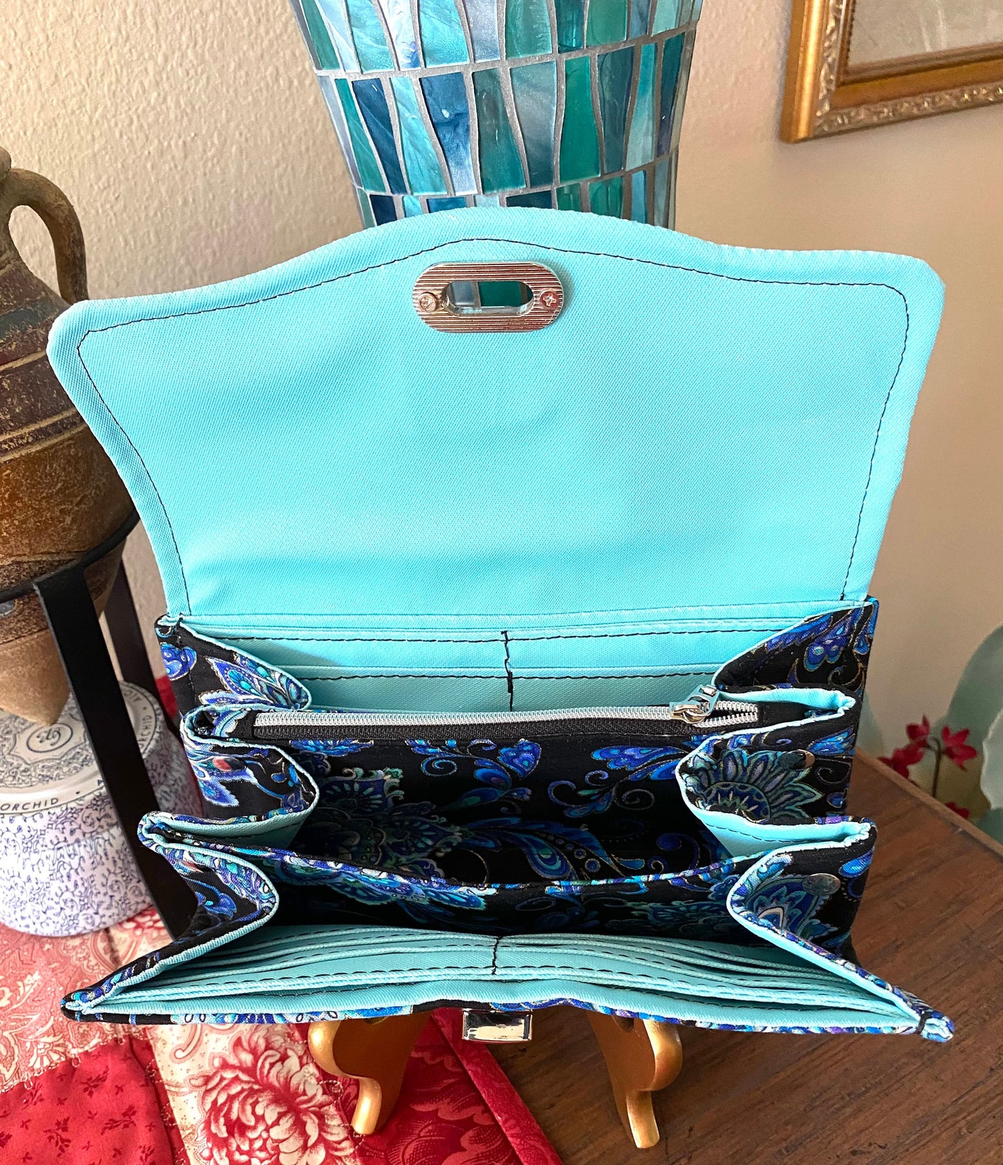 Ready to Ship Necessary Clutch Wallet NCW Organizer Credit Cards Zippered Gorgeous Black Aqua Regency fabric