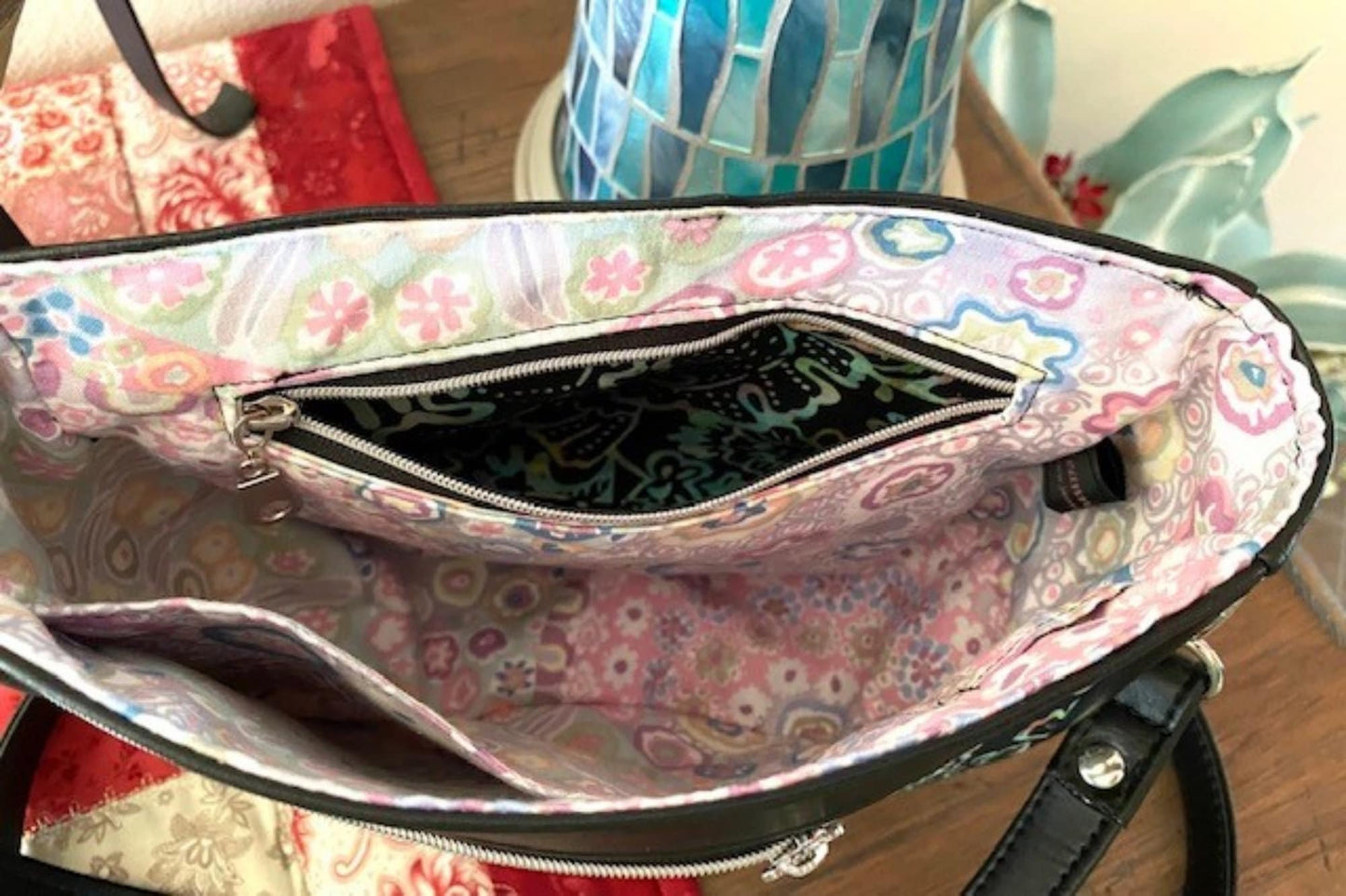 Tote Purse Handbag Black Rainbow Batik & Vinyl / Millefore Grey Interior Crossbody Matching Wallet