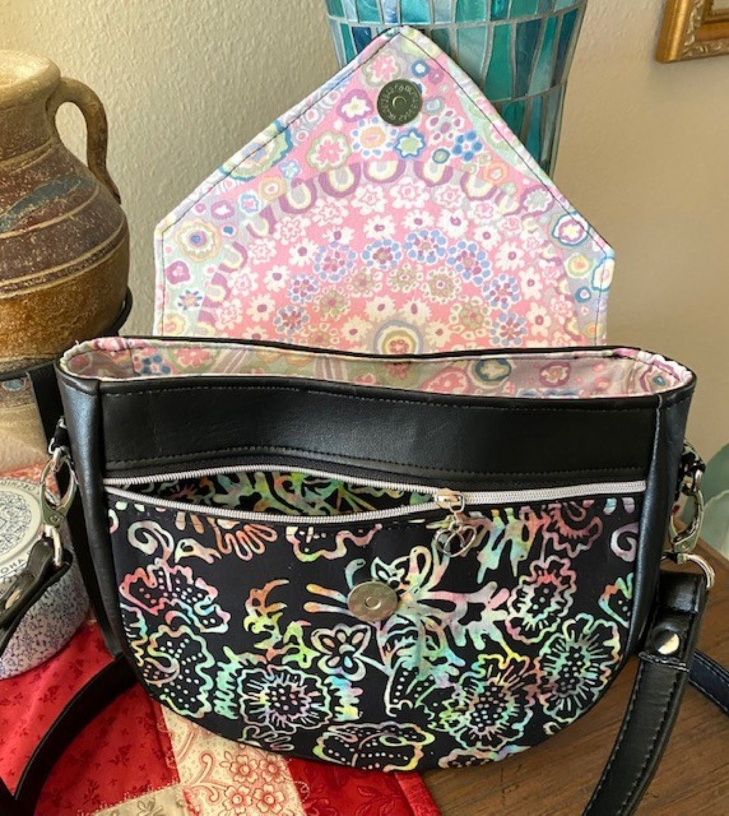 Tote Purse Handbag Black Rainbow Batik & Vinyl / Millefore Grey Interior Crossbody Matching Wallet