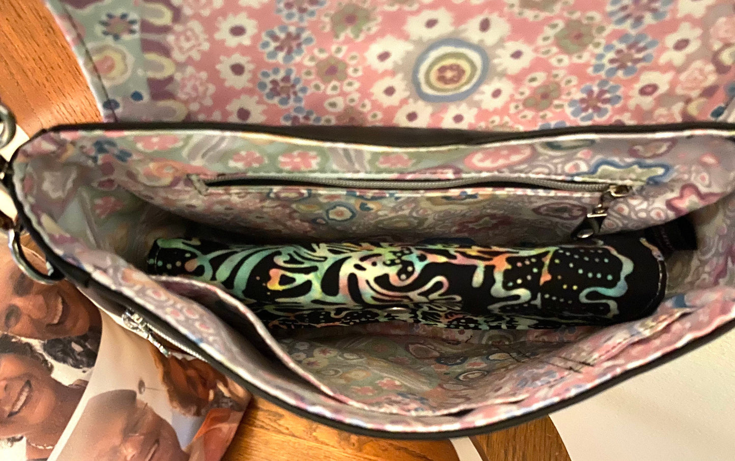 Tote Purse Handbag Black Rainbow Batik & Vinyl / Millefore Grey Interior Crossbody Matching Wallet