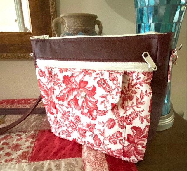 Crossbody Handbag Purse Cranberry Toile / Vinyl Mini Wallet Key fob Ready to Ship