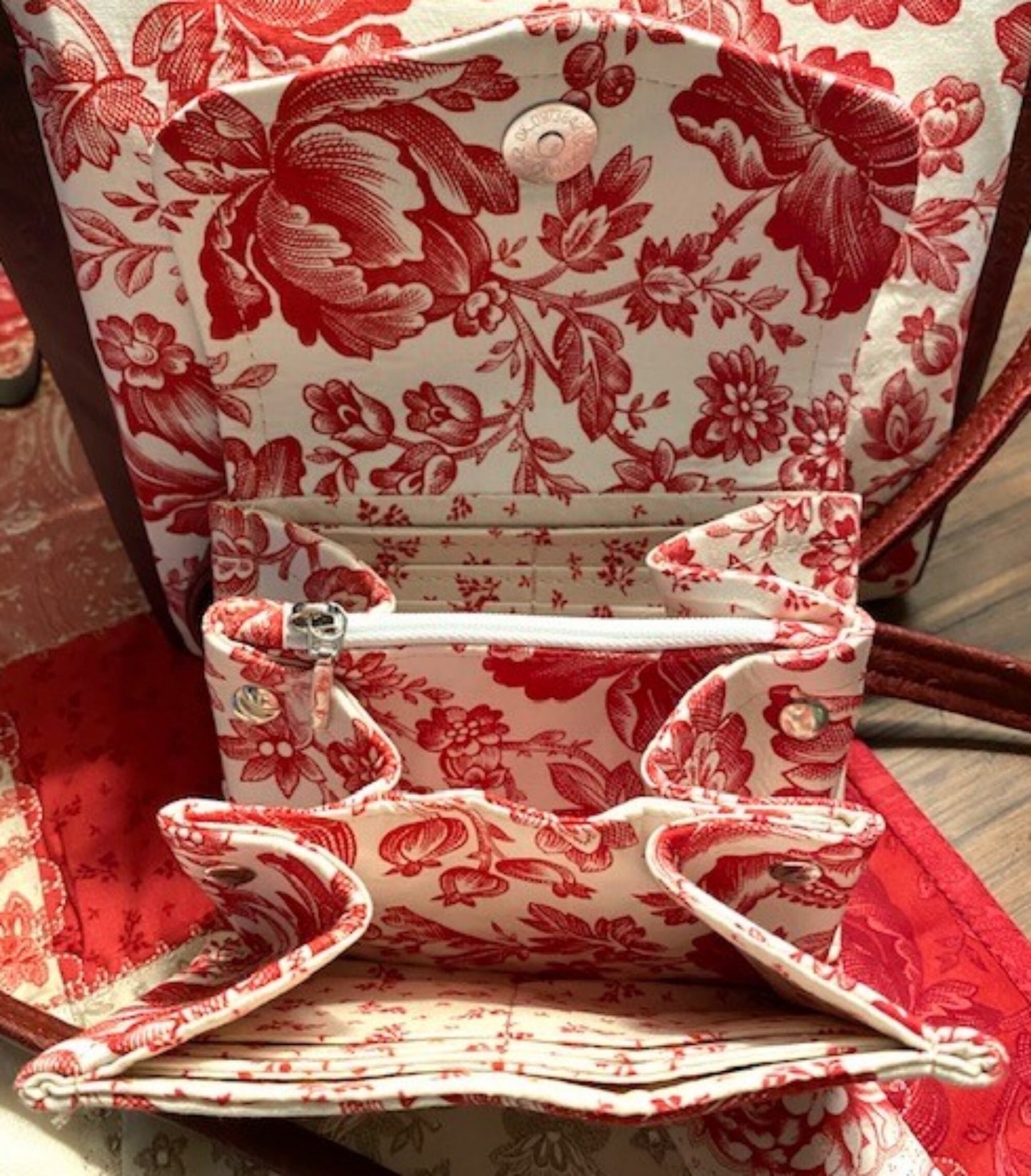 Crossbody Handbag Purse Cranberry Toile / Vinyl Mini Wallet Key fob Ready to Ship