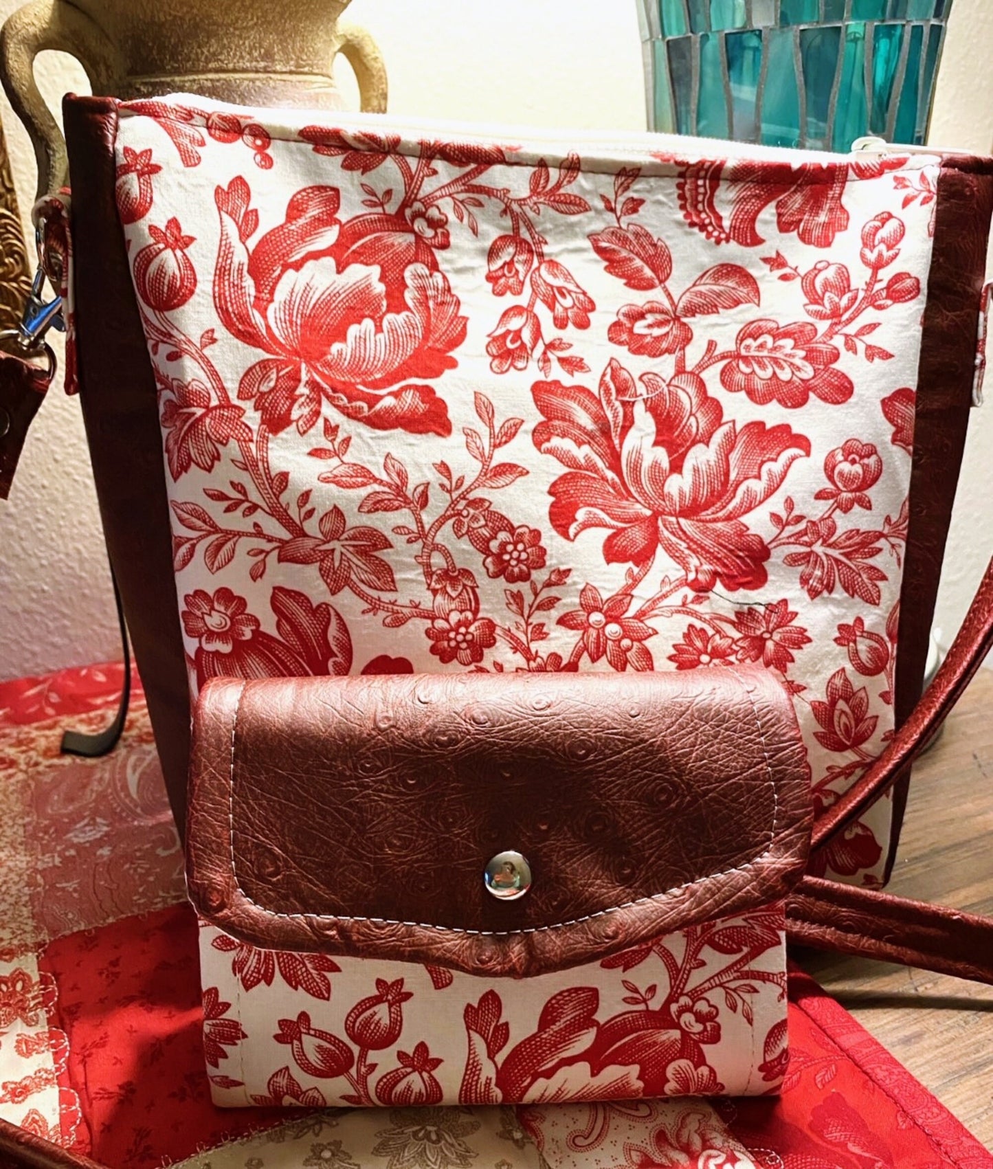 Crossbody Handbag Purse Cranberry Toile / Vinyl Mini Wallet Key fob Ready to Ship