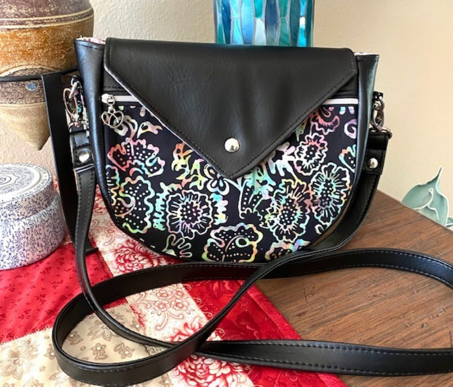 Tote Purse Handbag Black Rainbow Batik & Vinyl / Millefore Grey Interior Crossbody Matching Wallet