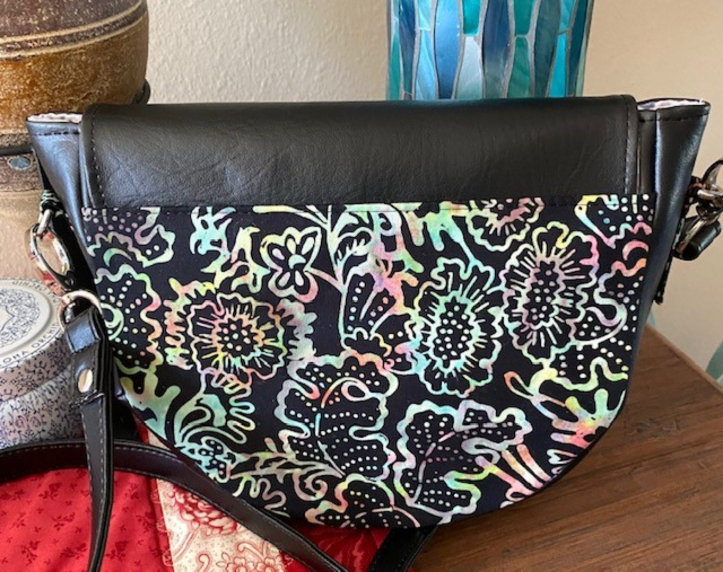 Tote Purse Handbag Black Rainbow Batik & Vinyl / Millefore Grey Interior Crossbody Matching Wallet