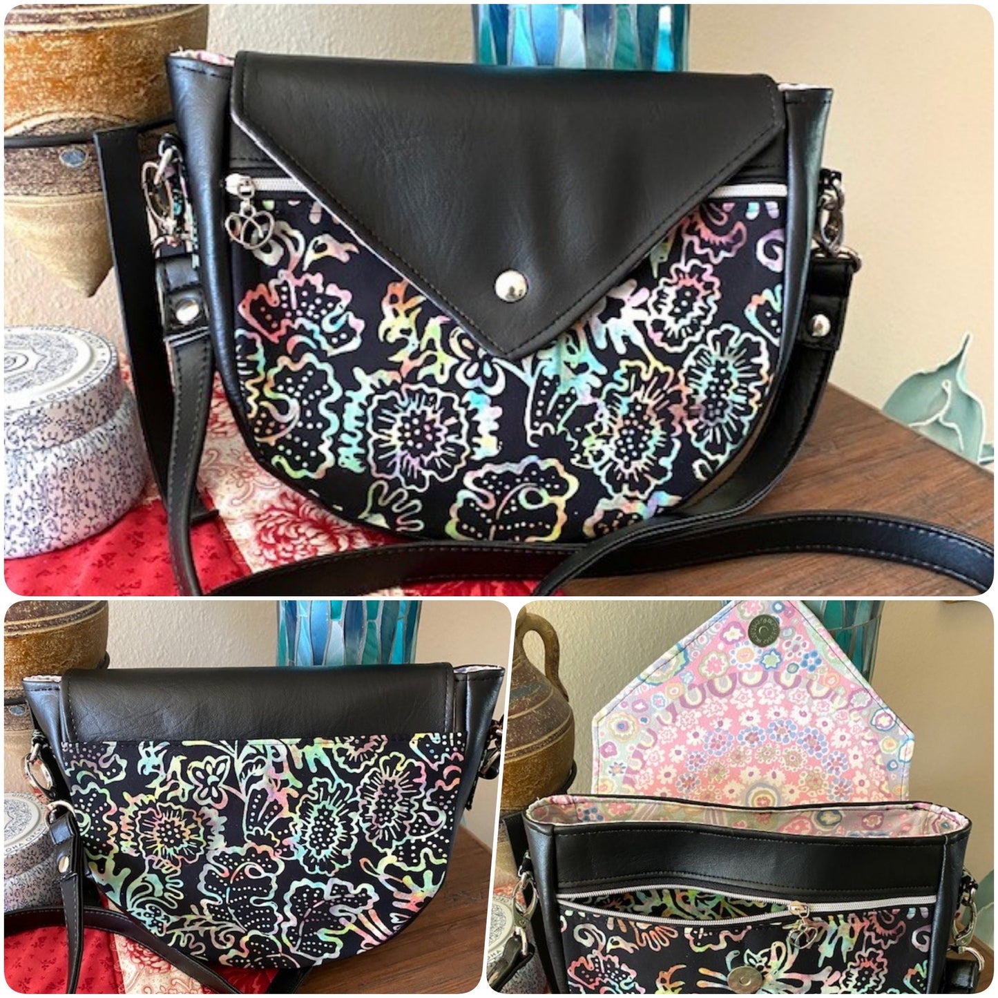 Tote Purse Handbag Black Rainbow Batik & Vinyl / Millefore Grey Interior Crossbody Matching Wallet