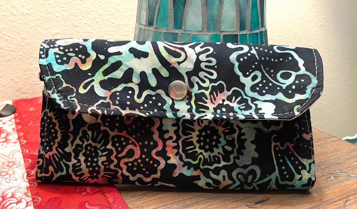 Tote Purse Handbag Black Rainbow Batik & Vinyl / Millefore Grey Interior Crossbody Matching Wallet