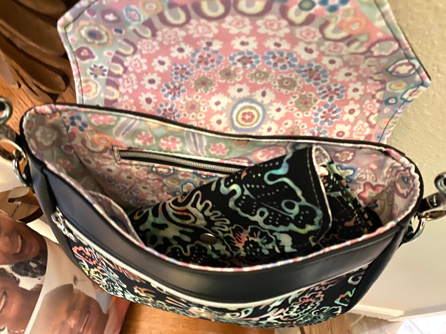 Tote Purse Handbag Black Rainbow Batik & Vinyl / Millefore Grey Interior Crossbody Matching Wallet
