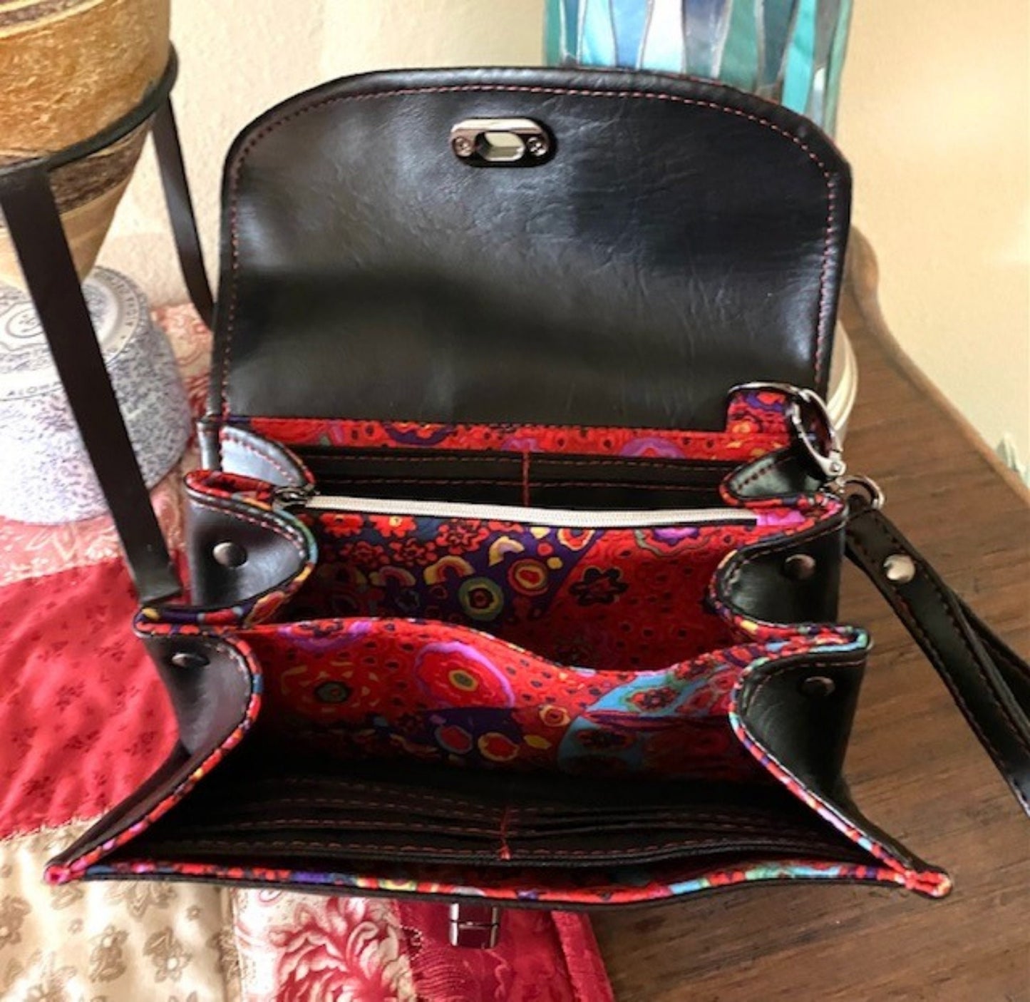 Ready to Ship Necessary Clutch Wallet NCW Organizer Credit Cards Zippered Black Vinyl Red Kaffe fabric