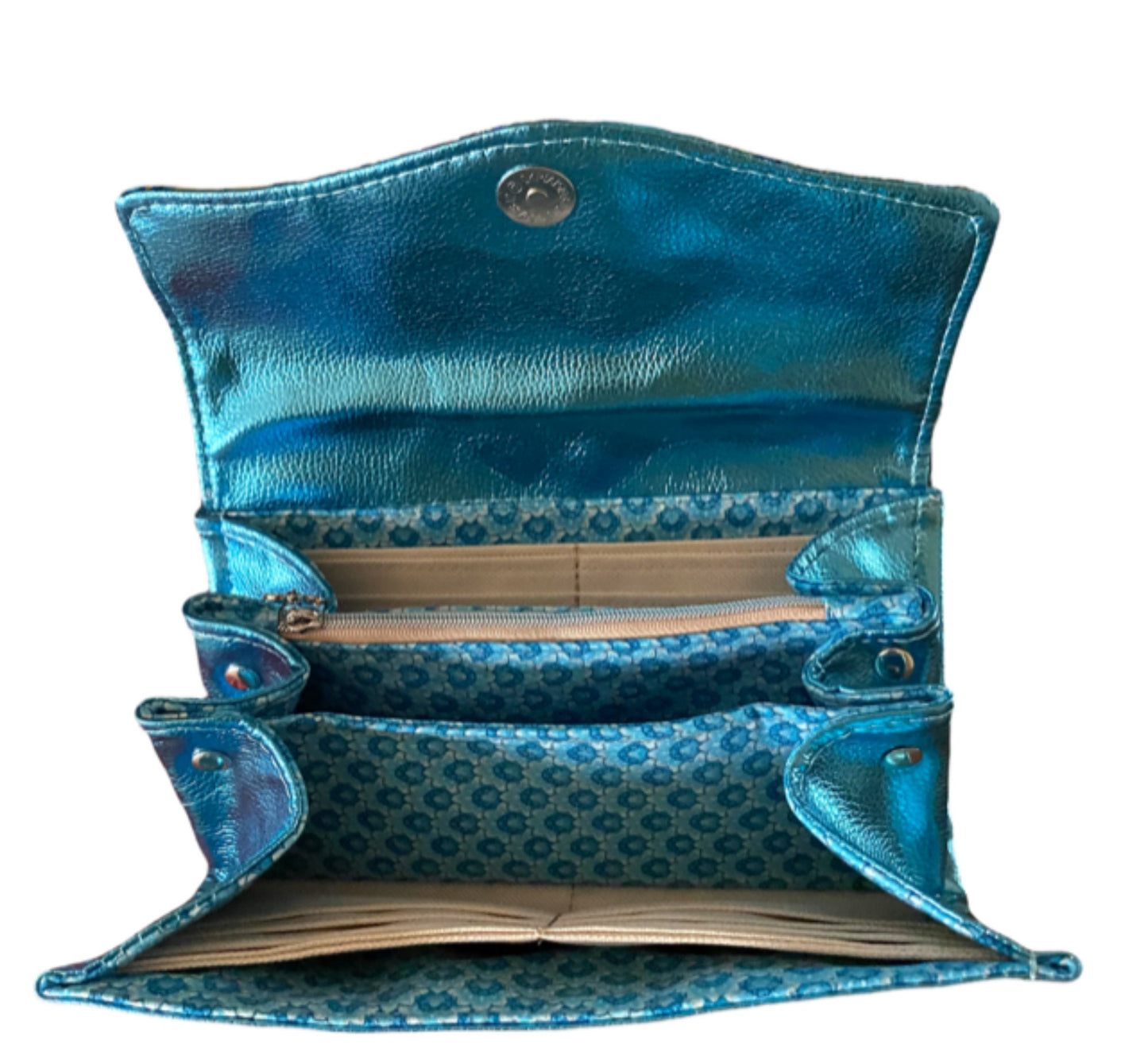 Necessary Clutch Wallet NCW Organizer Credit Cards Zippered Aqua Teal Vinyl Shimmer