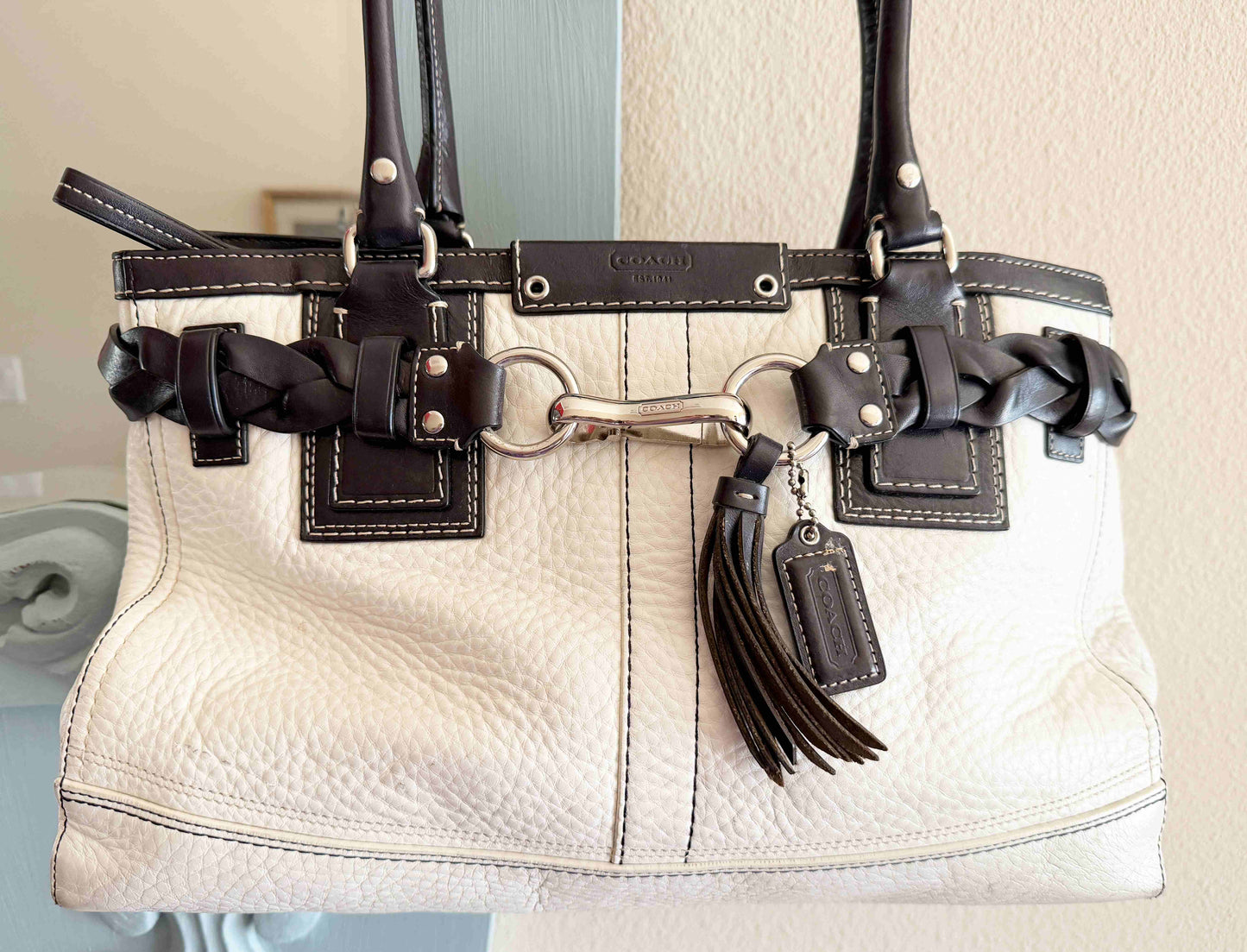 Designer Coach Handbag White Black Leather