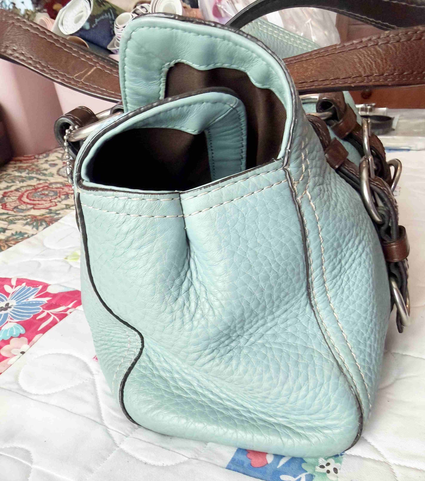 Designer Coach Handbag Blue Brown Leather