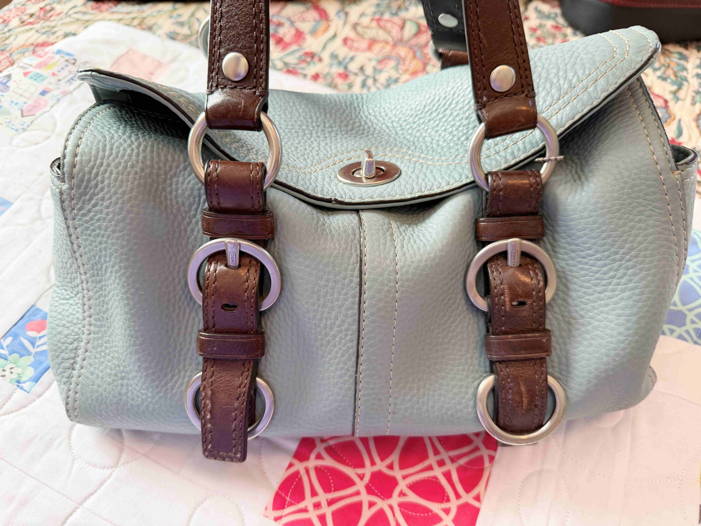 Designer Coach Handbag Blue Brown Leather