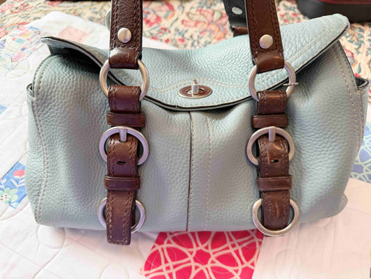 Designer Coach Handbag Blue Brown Leather