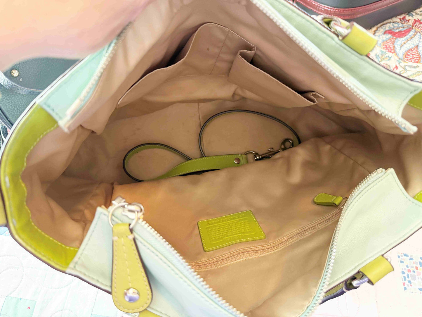 Designer Coach Tote Lime & Blue Leather