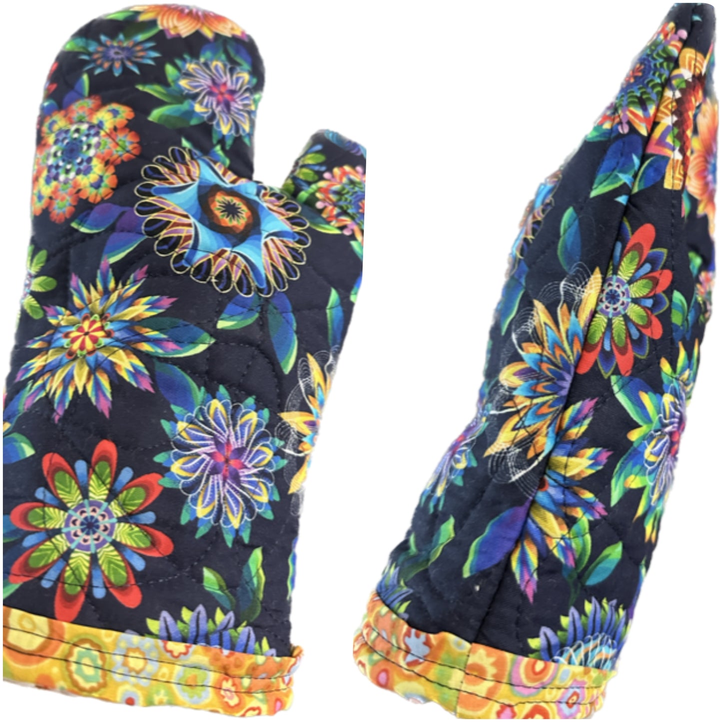 Oven Mitt Kitchen Hot pad Fractal Flowers Indigo fabric