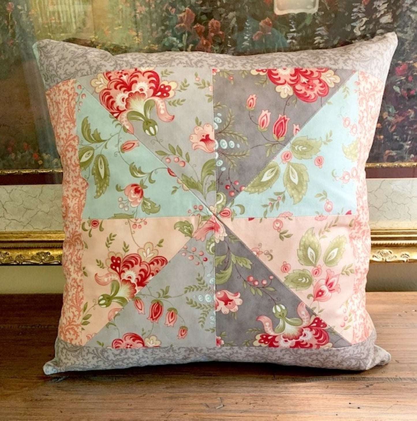 Throw Pillow | 3 Sisters Porcelain Patchwork Fabric  | Chic Shabby Home Decor