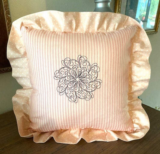 Throw Pillow Ruffled Pink Polka dot flange Ticking Stripe with Black Embroidery Cottage Chic