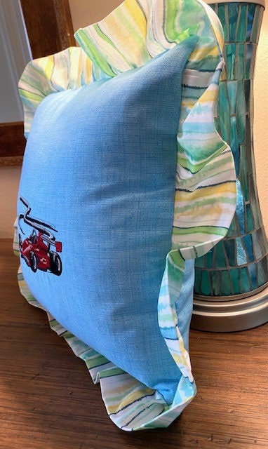 Throw Pillow with Ruffled Blue Green stripe flange Blue with Race Car Baby Child Boy Shower Gift