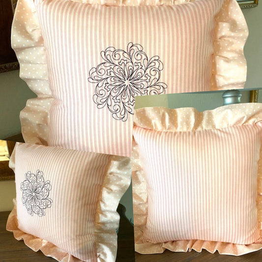 Throw Pillow Ruffled Pink Polka dot flange Ticking Stripe with Black Embroidery Cottage Chic