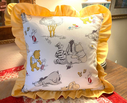 Throw Pillow with Ruffled Winnie the Pooh yellow baby girl or boy Shower Gift
