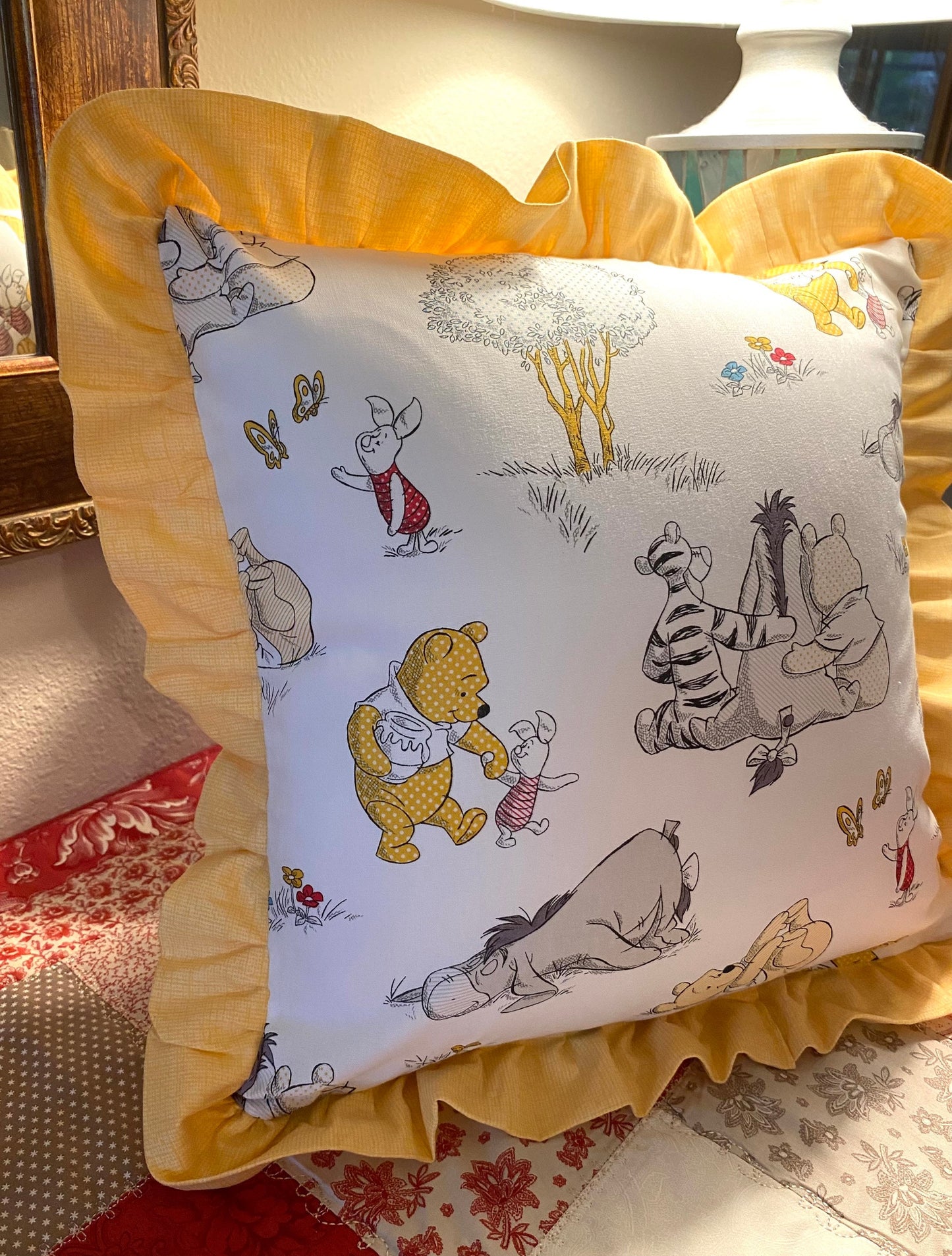 Throw Pillow with Ruffled Winnie the Pooh yellow baby girl or boy Shower Gift