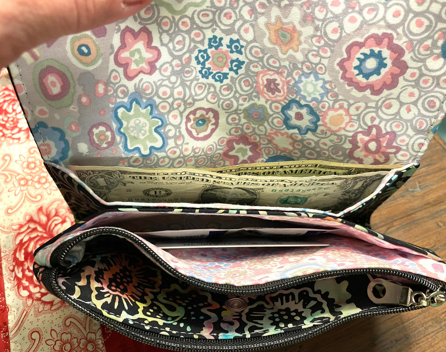 Tote Purse Handbag Black Rainbow Batik & Vinyl / Millefore Grey Interior Crossbody Matching Wallet