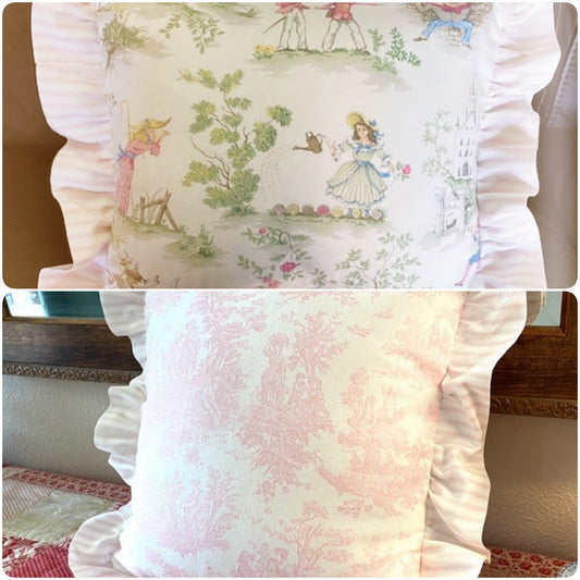 Throw Pillow with Ruffled Ticking stripe flange Over the Moon Nursery Rhyme Toile White Pink Baby Girl  Shower Gift