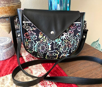 Tote Purse Handbag Black Rainbow Batik & Vinyl / Millefore Grey Interior Crossbody Matching Wallet