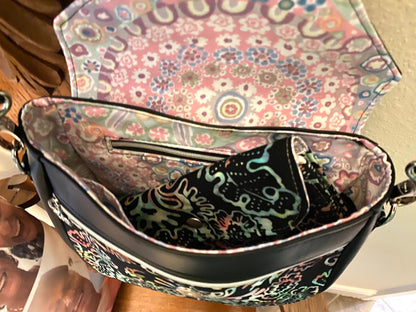 Tote Purse Handbag Black Rainbow Batik & Vinyl / Millefore Grey Interior Crossbody Matching Wallet