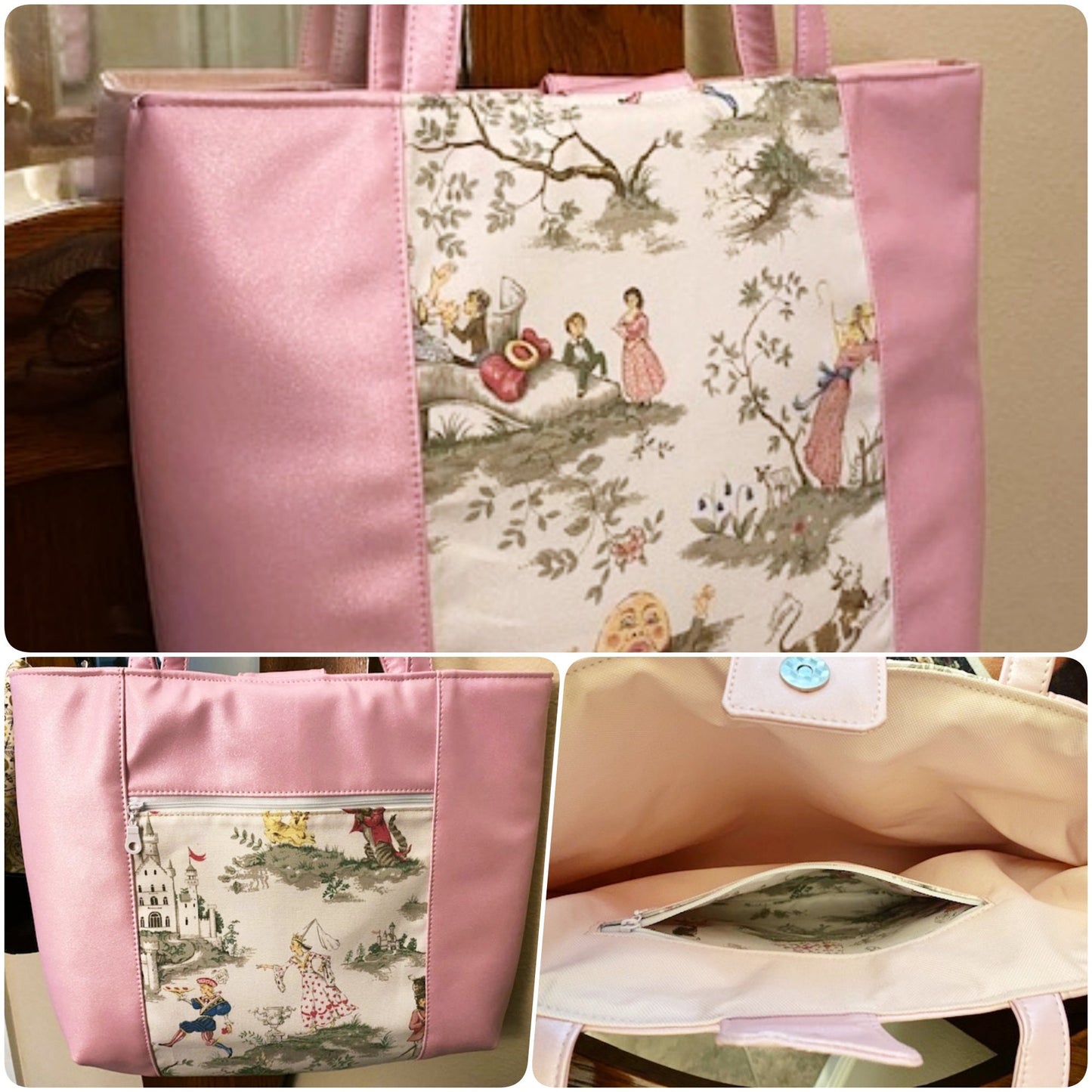 Medium Diaper Bag Tote Nursery Rhyme Toile Over the Moon Pink Shimmer Vinyl WPC Inside Zippered Pockets