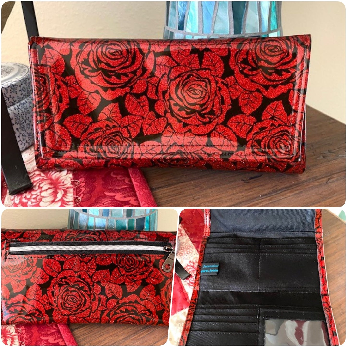Ready to Ship Ladies Wallet Organizer Credit Cards Zippered Red Black Roses Vinyl