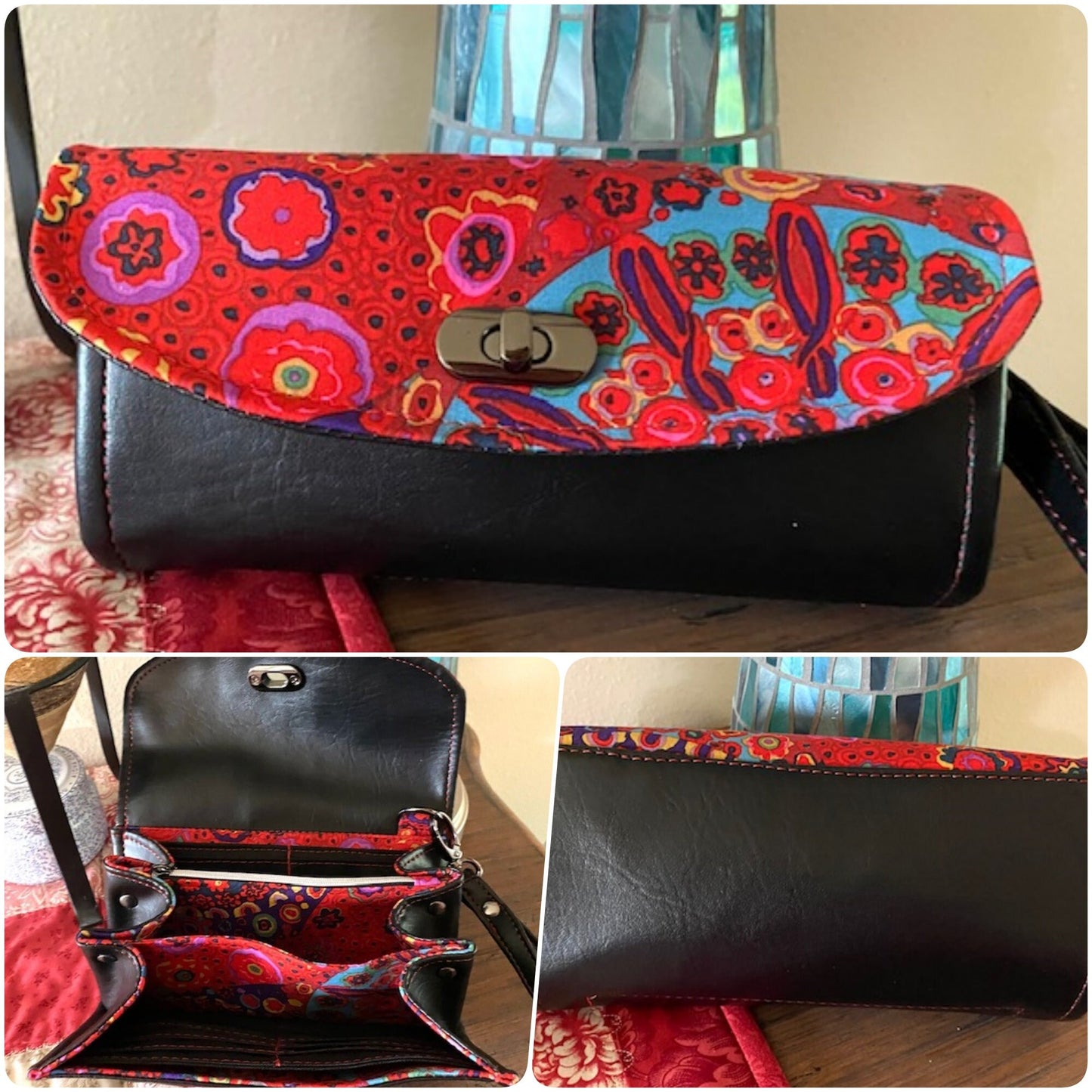 Ready to Ship Necessary Clutch Wallet NCW Organizer Credit Cards Zippered Black Vinyl Red Kaffe fabric
