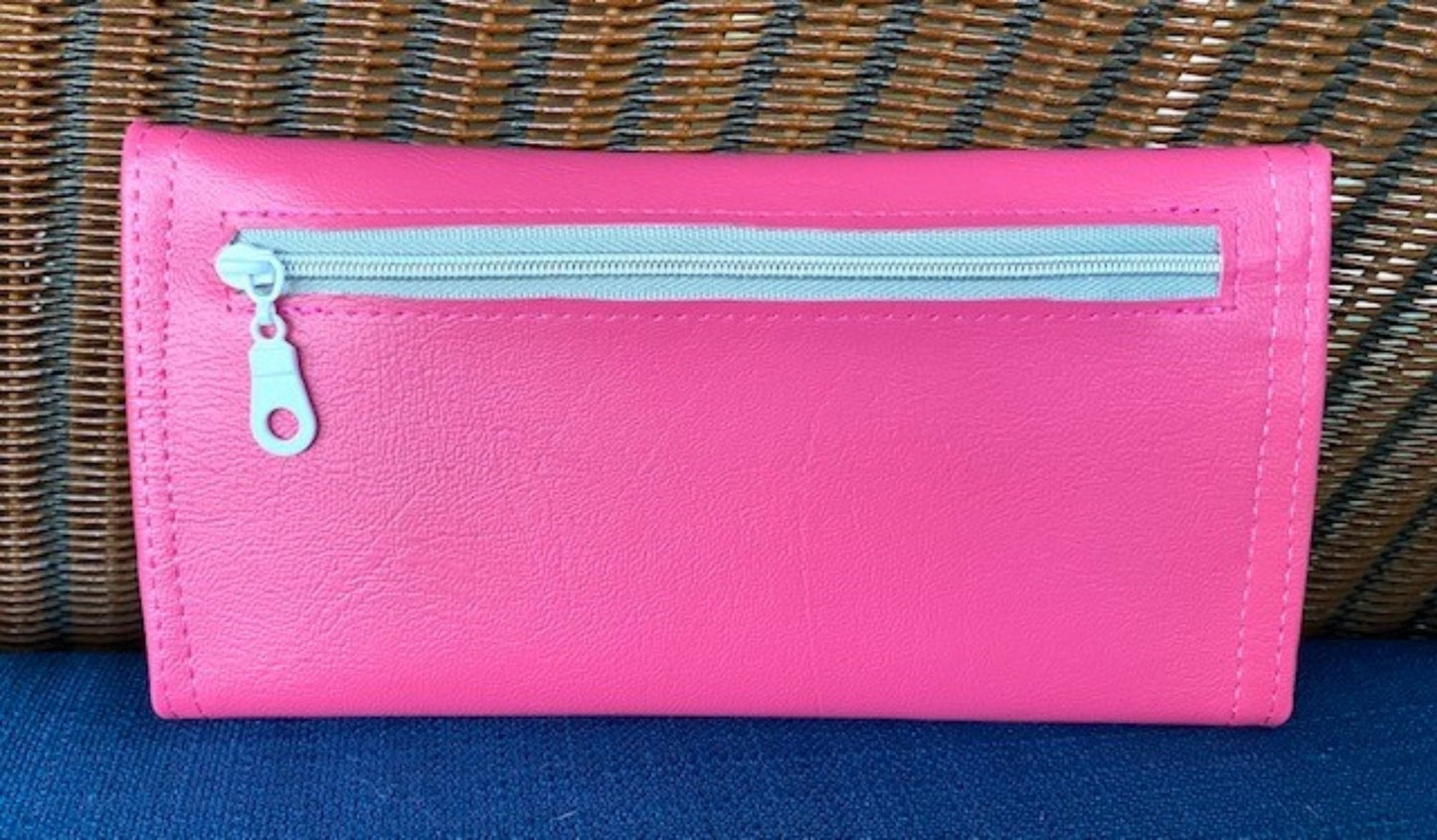 Ready to Ship Ladies Wallet Organizer Credit Cards Zippered Hot Pink or Aqua Vinyl