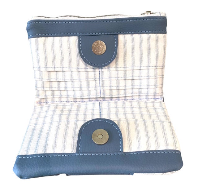 Ladies Wallet Organizer Blue Vinyl Blue White Ticking fabrics Winterberry Wallet