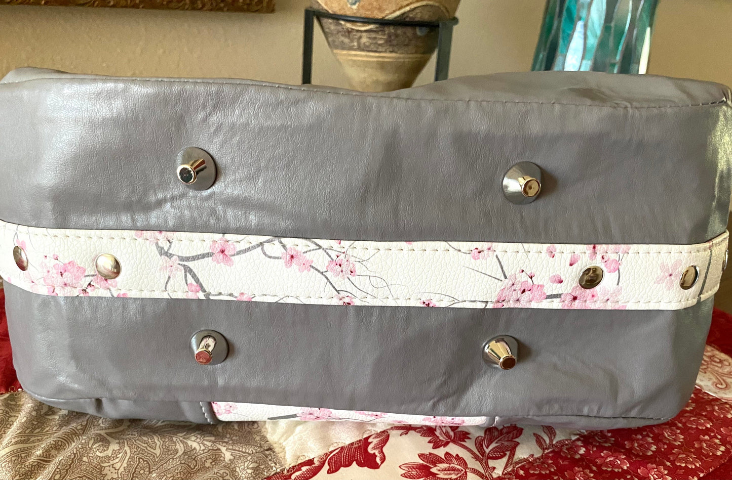 Handbag Purse Tote Flip Top Sakura Pin Flowers Grey Vinyl fabric Shoulder Strap Medium size Divider Pocket Inside