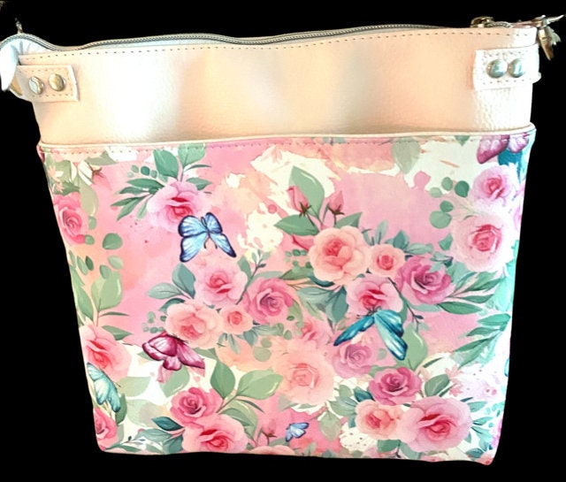 Crossbody Organizer Adjustable Pink Floral Vinyl Coordinating Interior