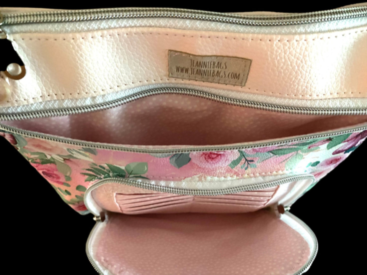 Crossbody Organizer Adjustable Pink Floral Vinyl Coordinating Interior